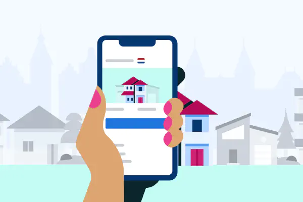 Illustration of a magnifying glass over houses, symbolizing how to choose the right investment property.