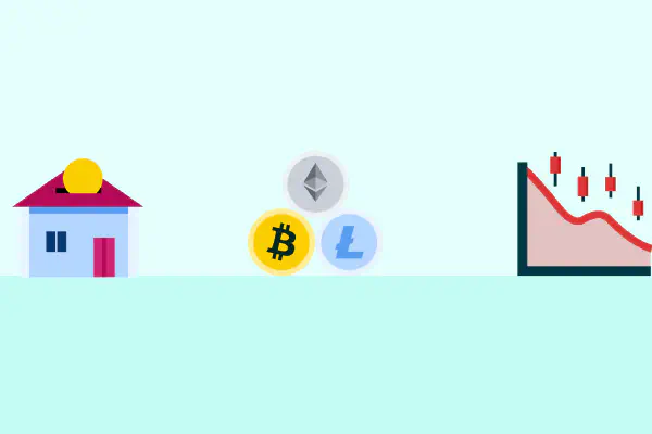 Conceptual image comparing volatile stock/crypto graphs with a stable house icon, representing real estate investment with BRXS.
